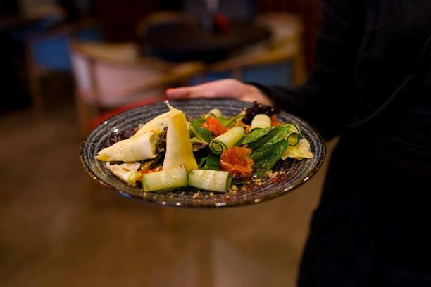 Salad with salmon, salad mix, Nadugi cheese with mint